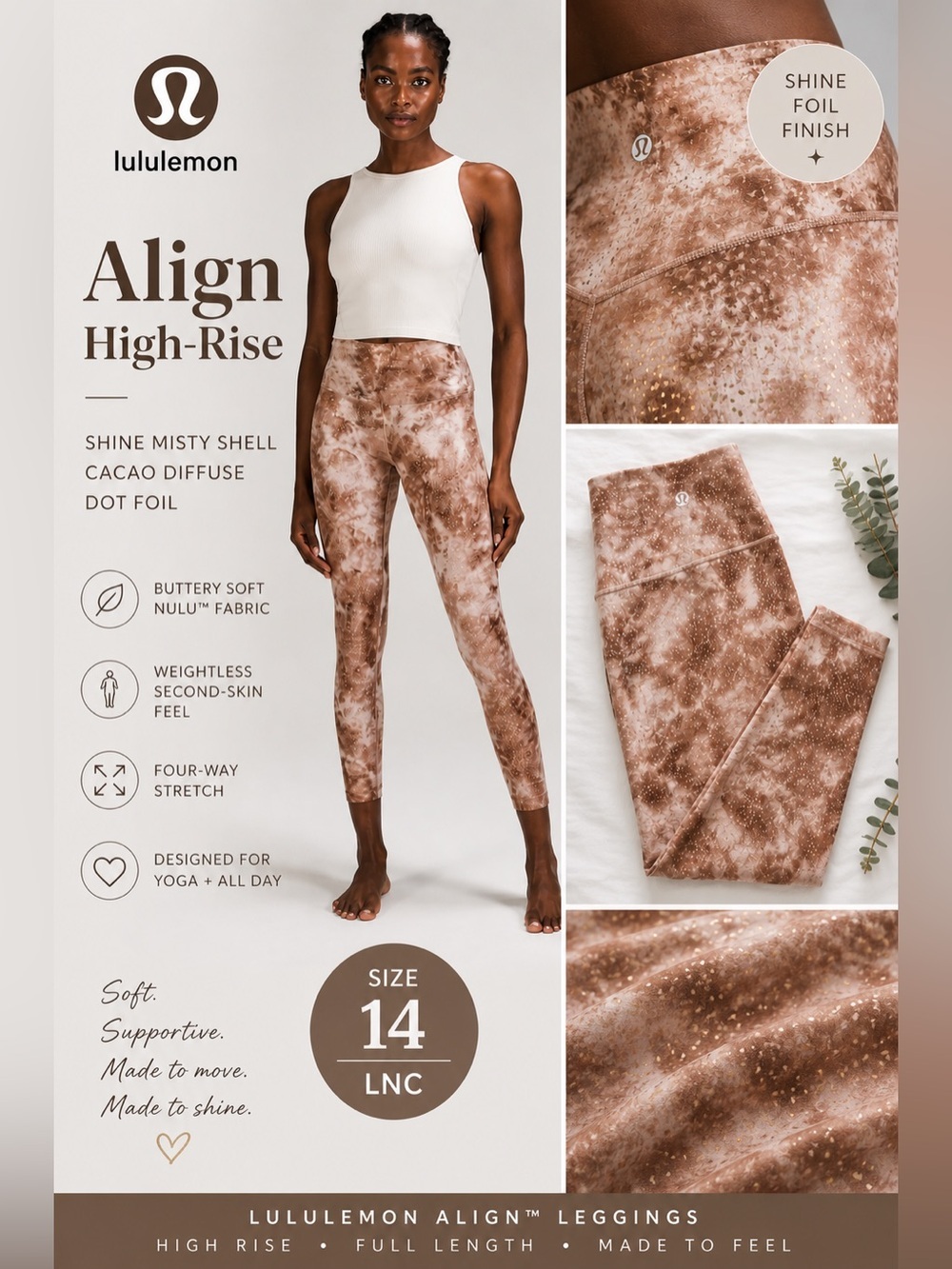 Lululemon Align High-Rise Shine Misty Shell Cacao Diffuse Foil Leggings Size 14